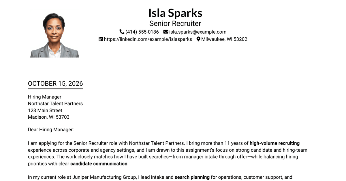 7 Senior Recruiter - High-Volume Recruiting Cover Letter Templates with Example