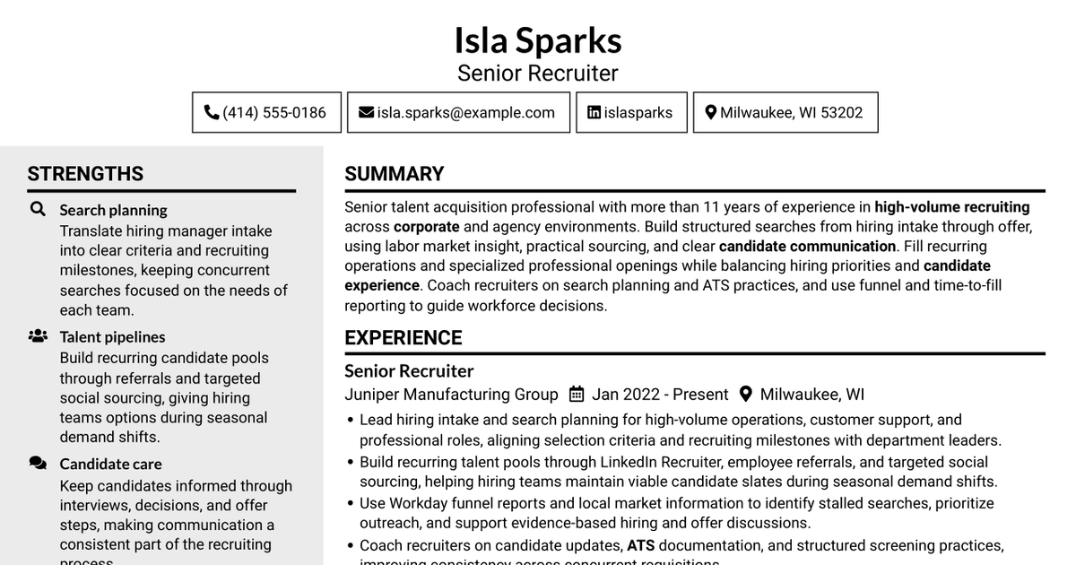 7 Senior Recruiter - High-Volume Recruiting Resume Templates with Example