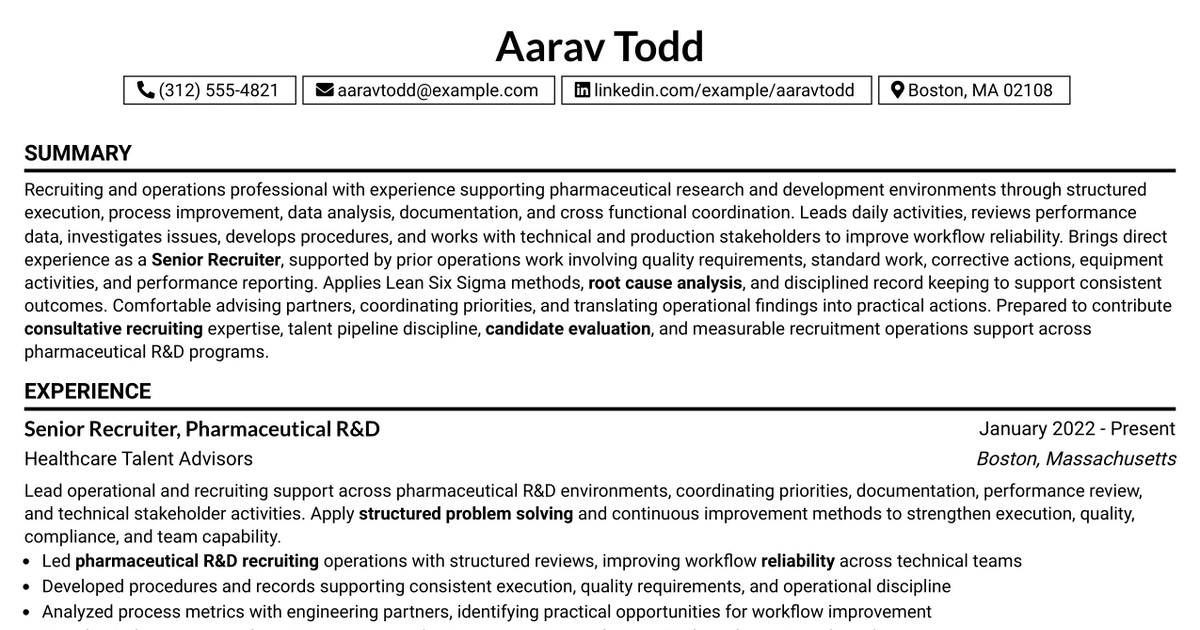 33 Senior Recruiter - Pharma R&D Resume Templates with Example