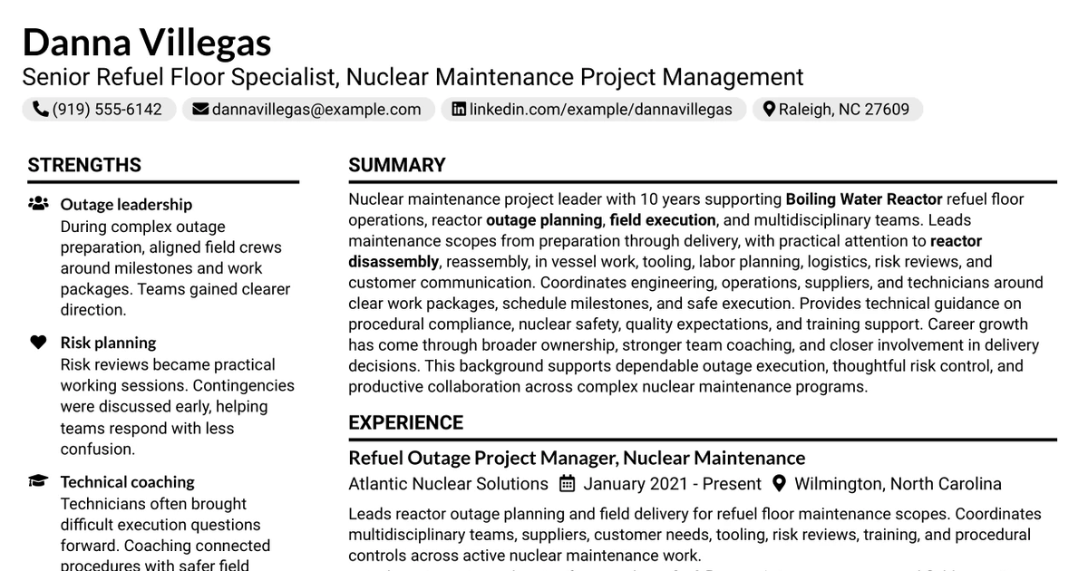 33 Senior Refuel Floor Specialist - Nuclear Maintenance Project Management Resume Templates with Example