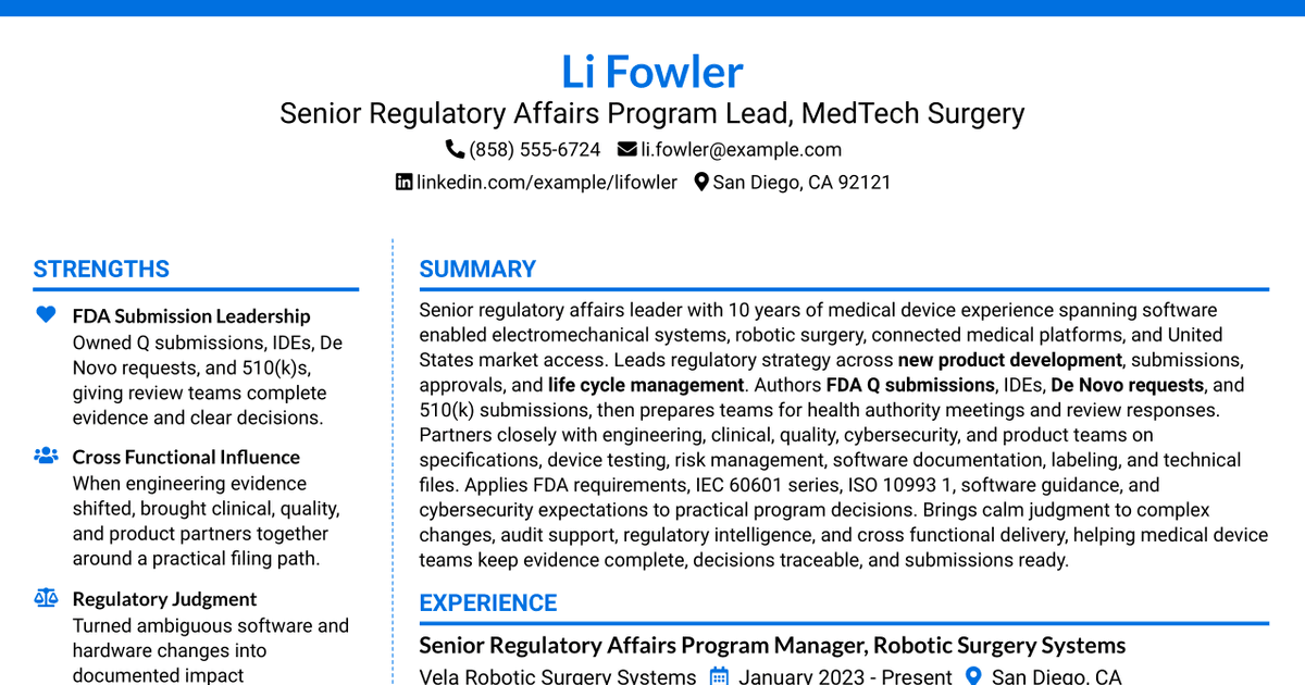 7 Senior Regulatory Affairs Program Lead - MedTech Surgery Resume Templates with Example