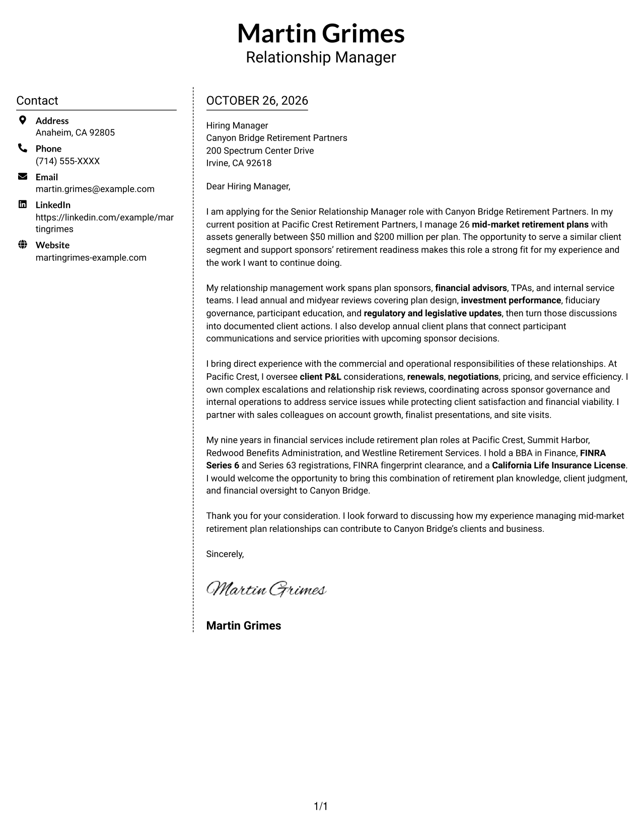 Cover letter example — page 1