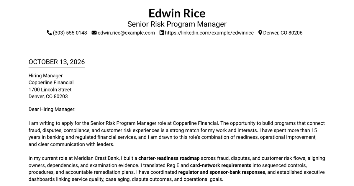 7 Senior Risk Program Manager - Fraud & Disputes Enablement Cover Letter Templates with Example
