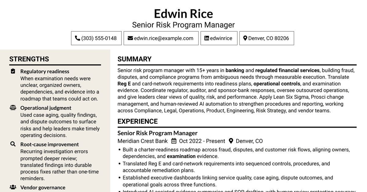 7 Senior Risk Program Manager - Fraud & Disputes Enablement Resume Templates with Example