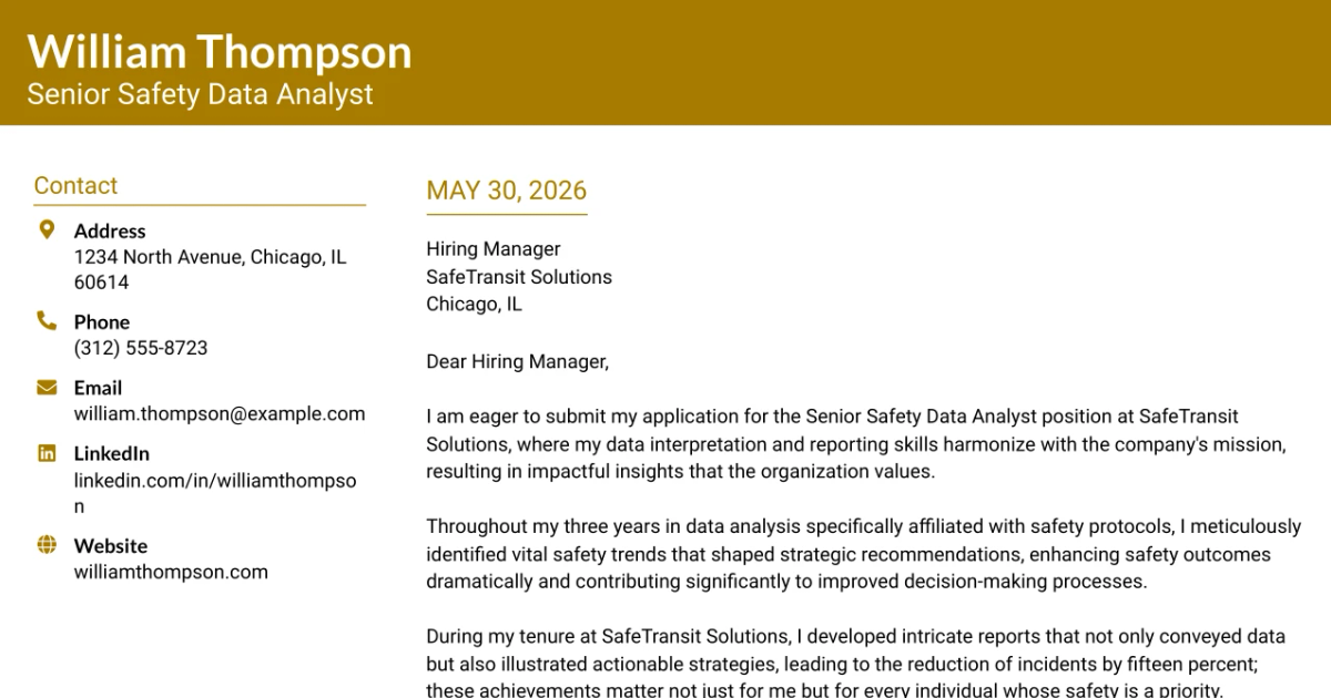 30+ Senior Safety Data Analyst Cover Letter Templates with Example 2026