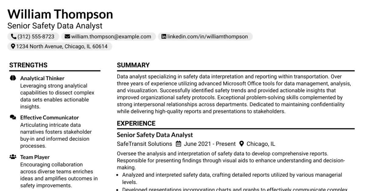 33 Senior Safety Data Analyst Resume Templates with Example 2026 (ATS-Optimized)