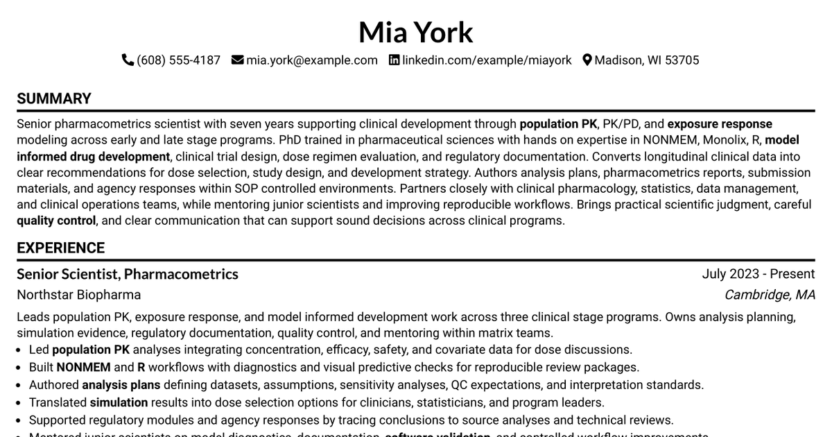 7 Senior Scientist, Pharmacometrics Resume Templates with Example