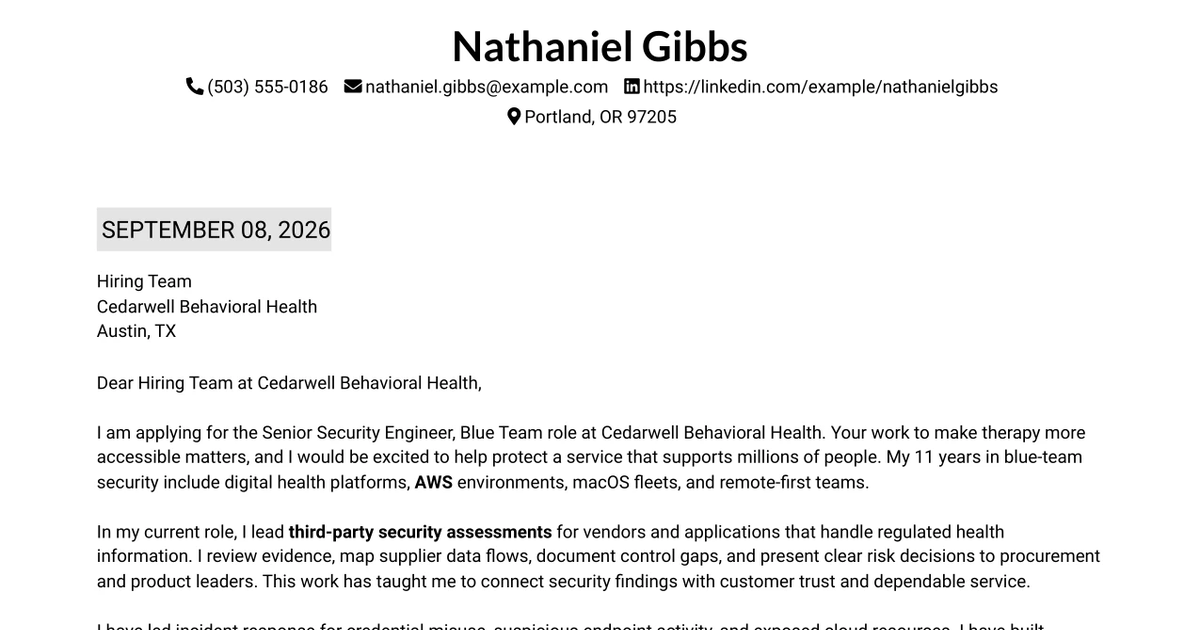 30+ Senior Security Engineer, Blue Team Cover Letter Templates with Example 2026