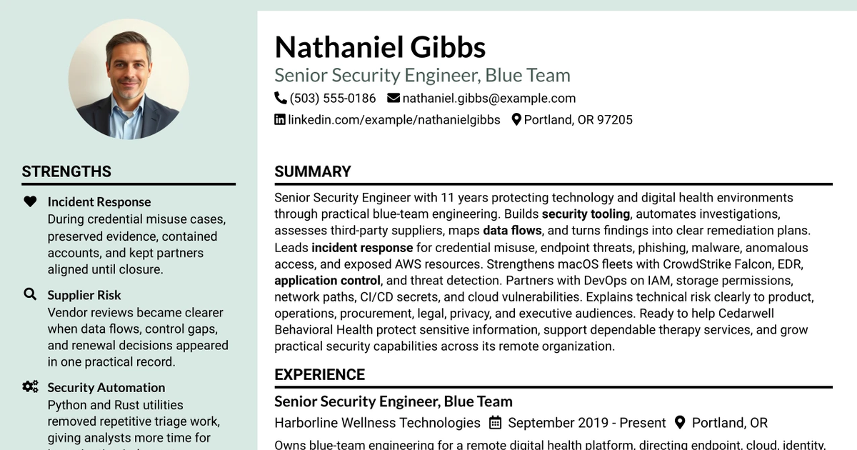 33 Senior Security Engineer, Blue Team Resume Templates with Example 2026 (ATS-Optimized)