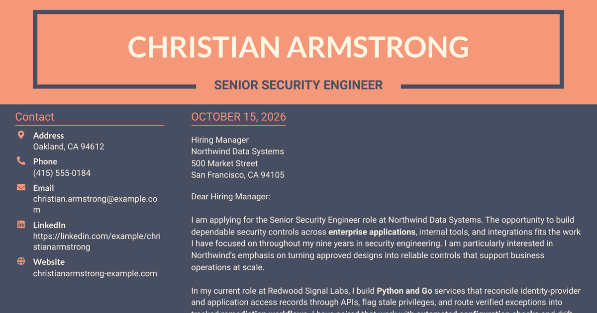 7 Senior Security Engineer - Enterprise Security Cover Letter Templates with Example