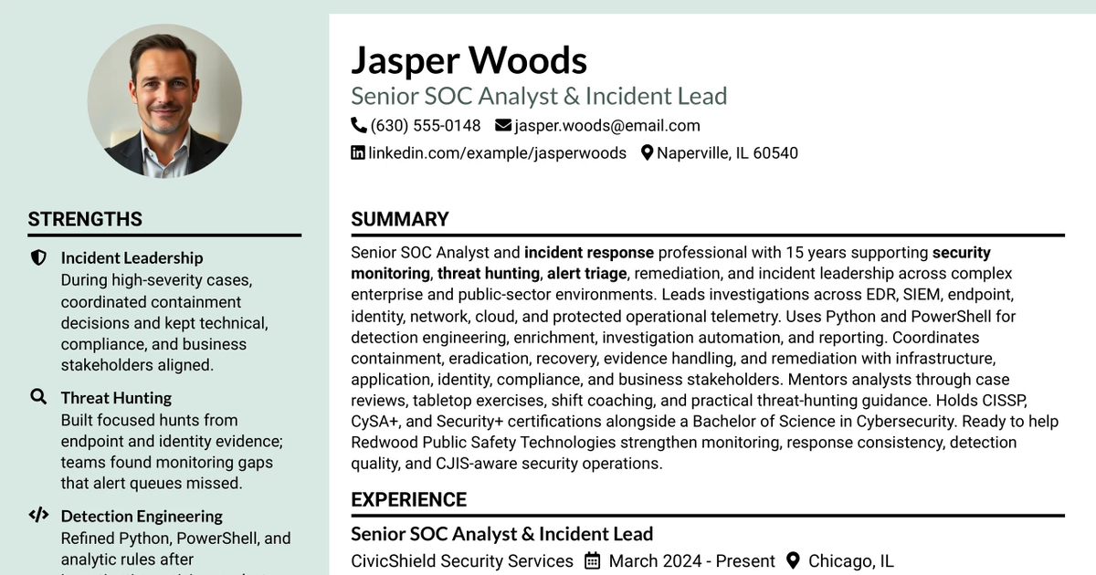 33 Senior SOC Analyst: Threat Hunter & Incident Lead Resume Templates with Example 2026