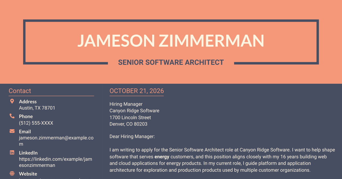 7 Senior Software Architect - Oilfield Software Cover Letter Templates with Example