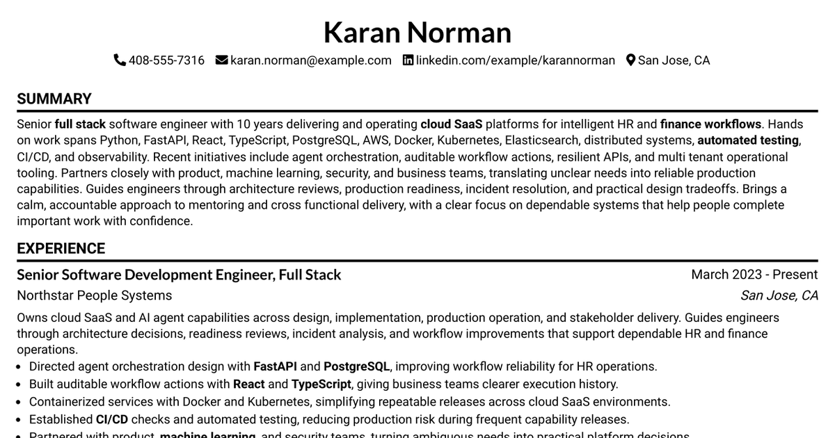 7 Senior Software Development Engineer (Full Stack) - Agent Factory Resume Templates with Example