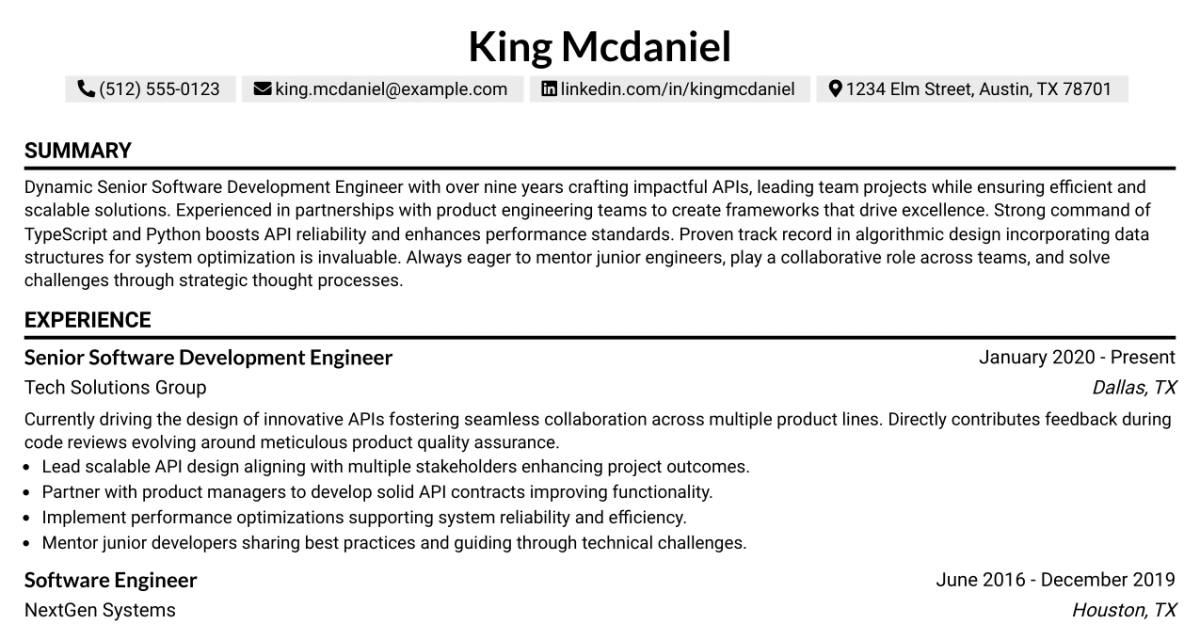33 Senior Software Development Engineer Resume Templates with Example 2026 (ATS-Optimized)