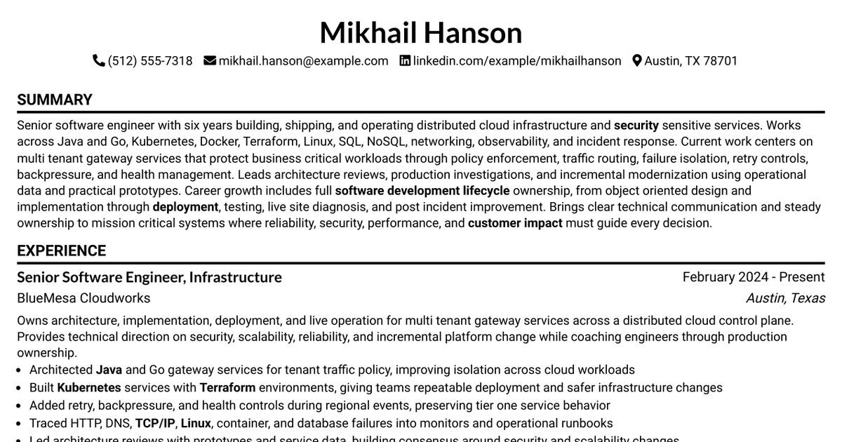 7 Senior Software Engineer, Core Infrastructure Resume Templates with Example