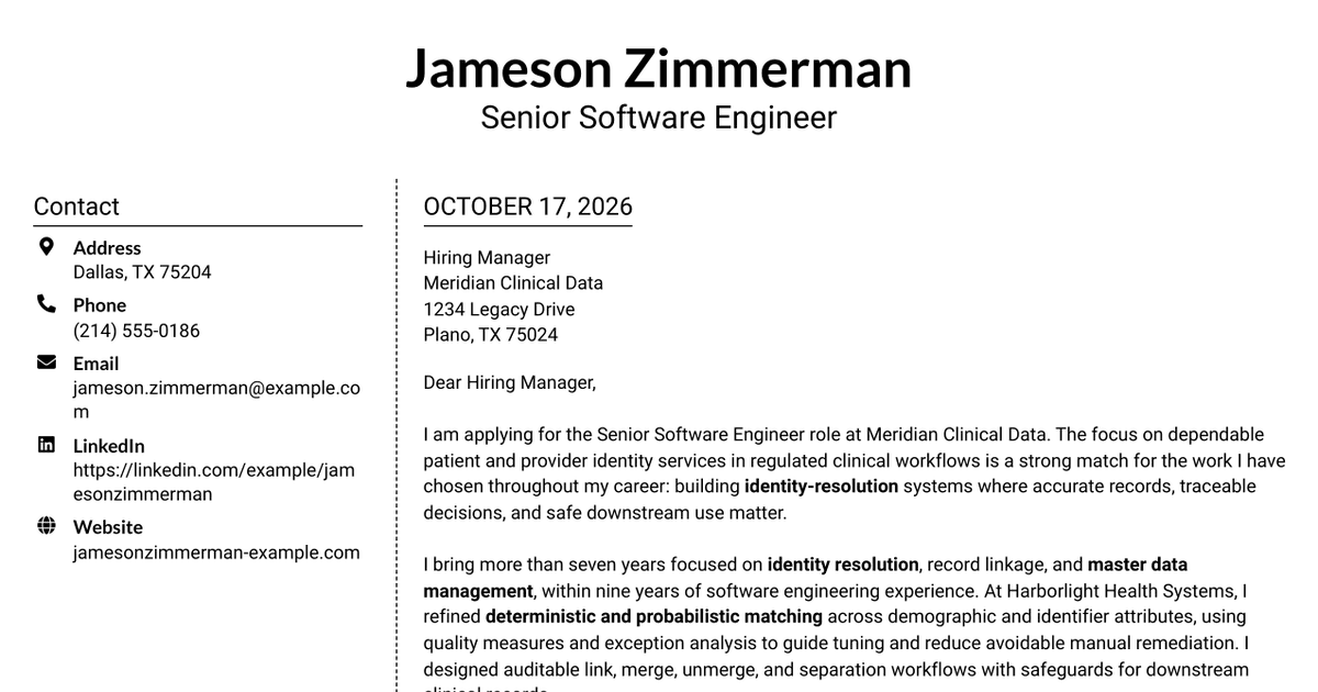 7 Senior Software Engineer - Identity Resolution and Master Data Management Cover Letter Templates with Example