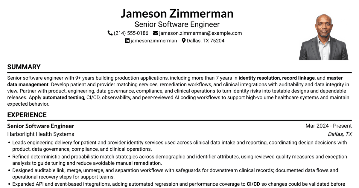 7 Senior Software Engineer - Identity Resolution and Master Data Management Resume Templates with Example