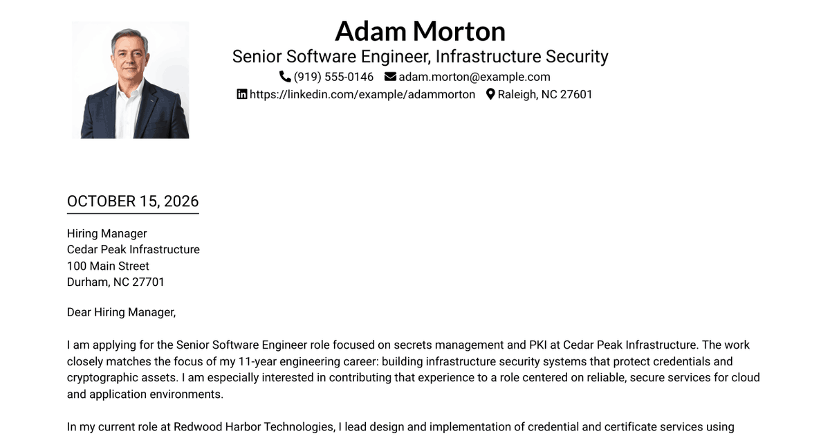 7 Senior Software Engineer - Secrets Management and PKI Cover Letter Templates with Example