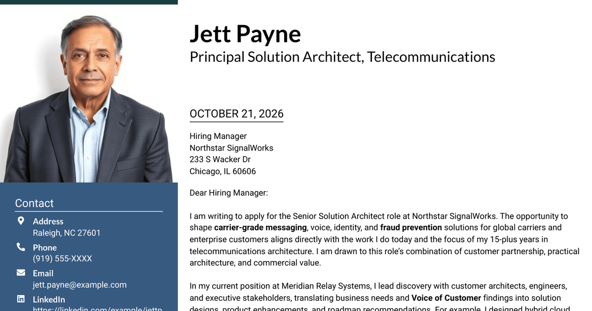 7 Senior Solution Architect - Telecom Messaging and Voice Cover Letter Templates with Example