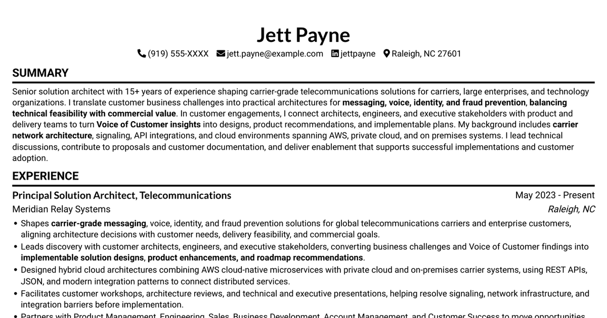 7 Senior Solution Architect - Telecom Messaging and Voice Resume Templates with Example