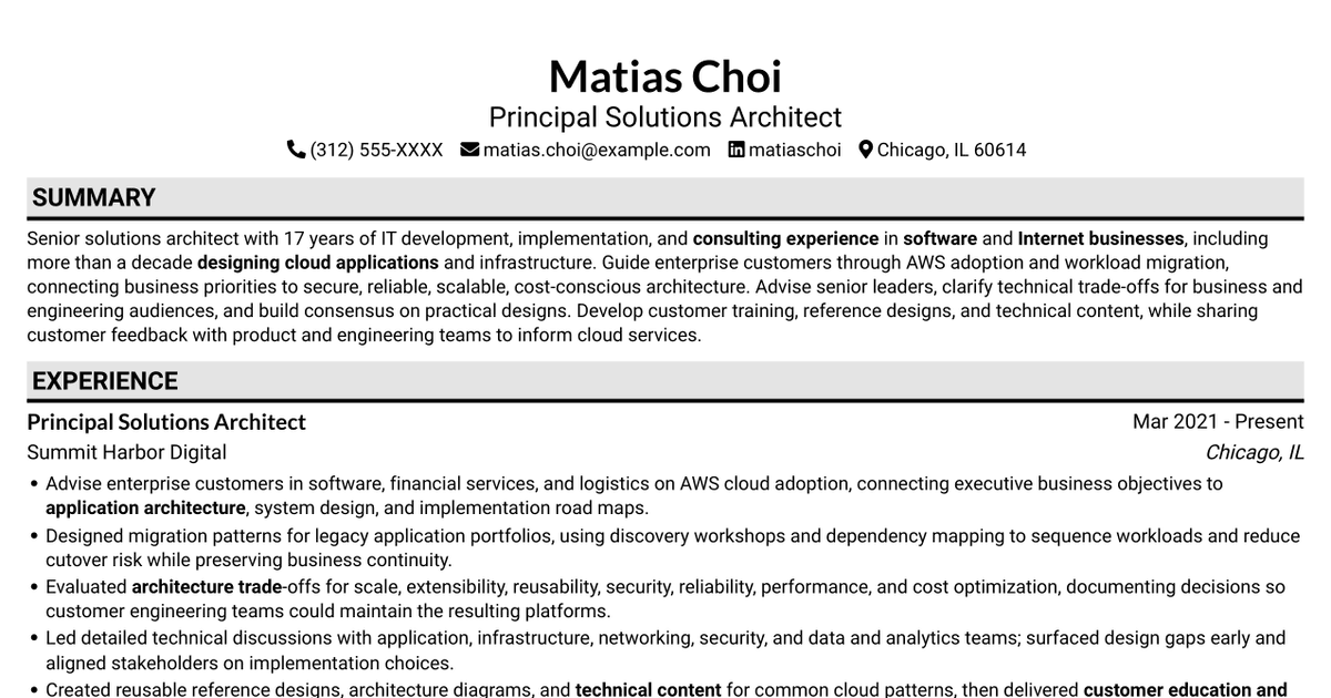 7 Senior Solutions Architect - Enterprise Cloud Resume Templates with Example