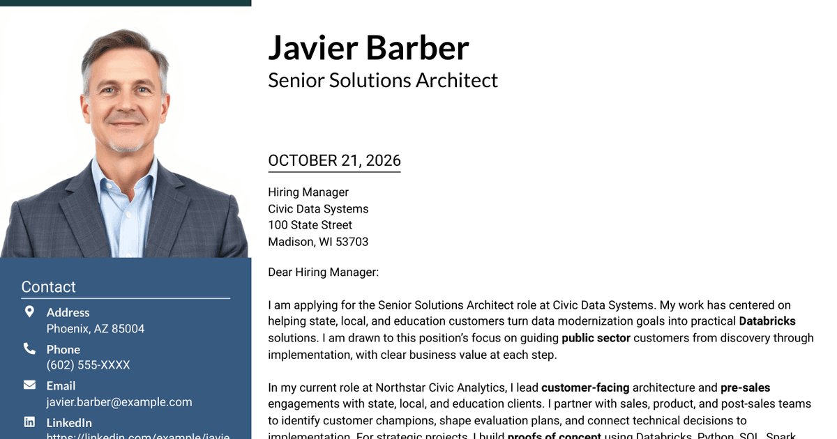 7 Senior Solutions Architect - Public Sector (SLED) Cover Letter Templates with Example