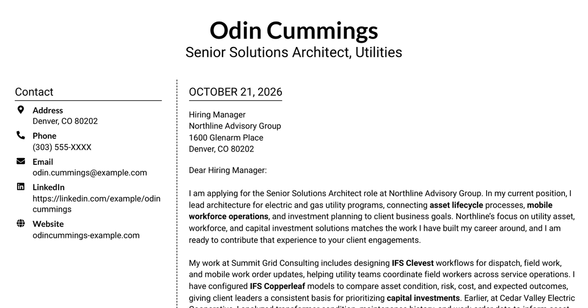 7 Senior Solutions Architect - Utilities, Workforce and Asset Management Cover Letter Templates with Example