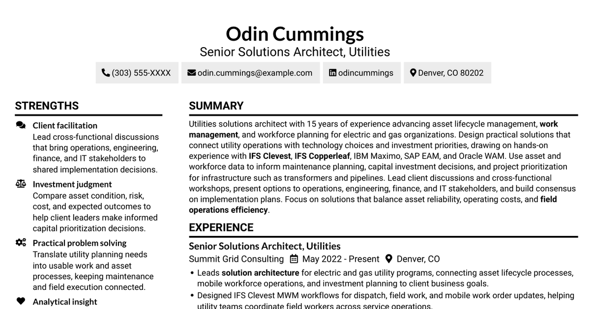 7 Senior Solutions Architect - Utilities, Workforce and Asset Management Resume Templates with Example