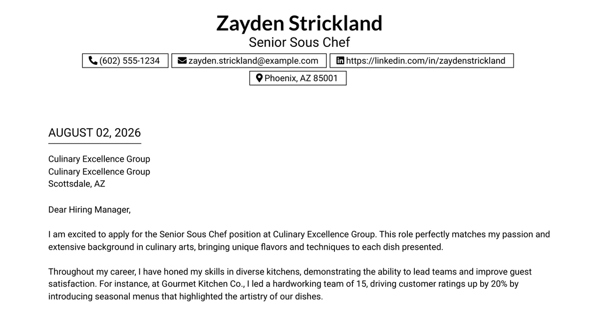30+ Senior Sous Chef Cover Letter Templates with Example 2026