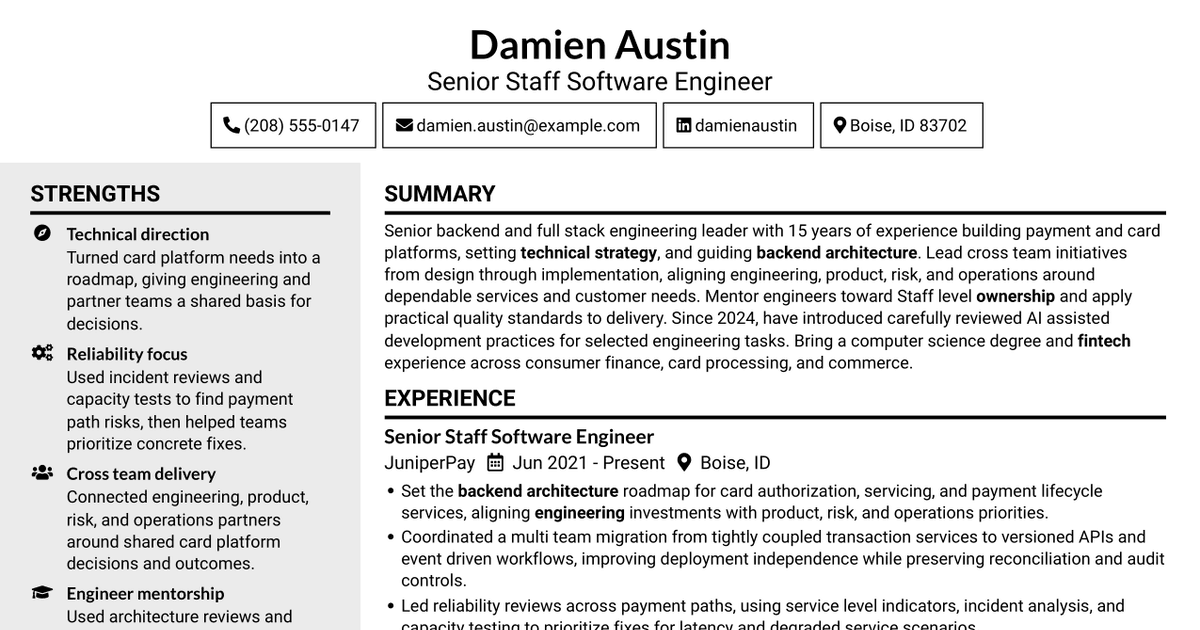 7 Senior Staff Software Engineer - Cards Backend Resume Templates with Example