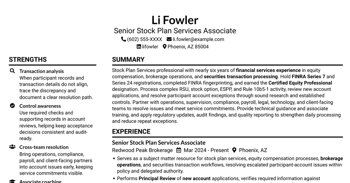 7 Senior Stock Plan Services Associate - Equity Compensation Operations Resume Templates with Example