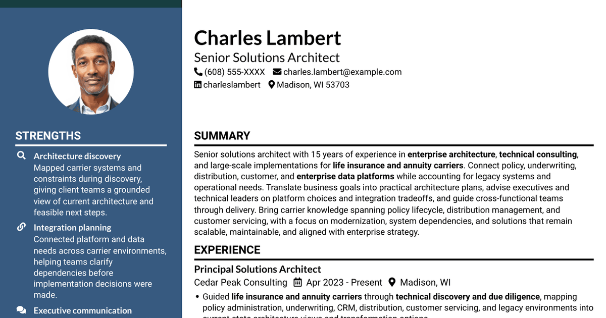 7 Senior Strategic Solutions Architect - Life Insurance and Annuity Resume Templates with Example