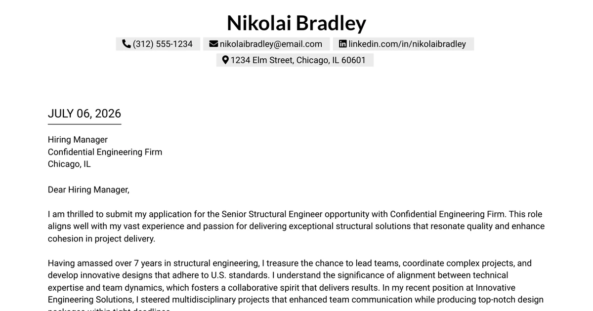 30+ Senior Structural Engineer Cover Letter Templates with Example 2026