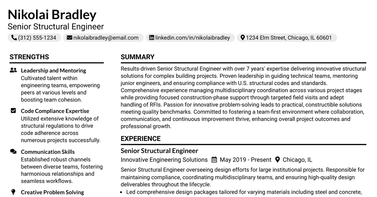 33 Senior Structural Engineer Resume Templates with Example 2026 (ATS-Optimized)