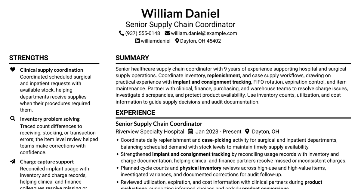 7 Senior Supply Chain Coordinator - Clinical Inventory Resume Templates with Example