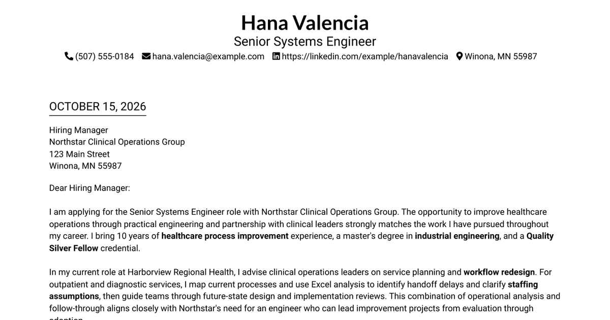 7 Senior Systems Engineer - Healthcare Process Improvement Cover Letter Templates with Example