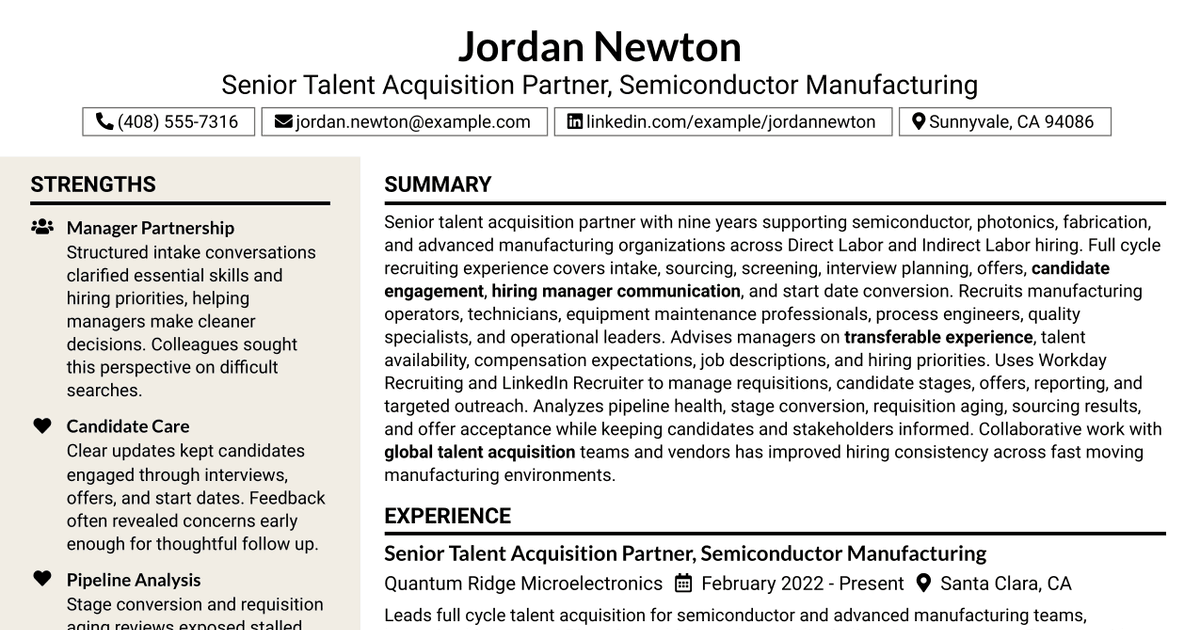 7 Senior Talent Partner - Semiconductor Manufacturing Resume Templates with Example