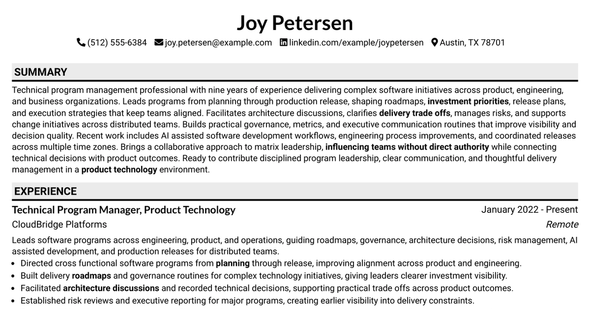 33 Senior Technical Program Manager - Product Technology Resume Templates with Example