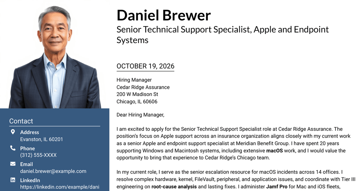 7 Senior Technical Support Specialist - Apple and macOS Systems Cover Letter Templates with Example