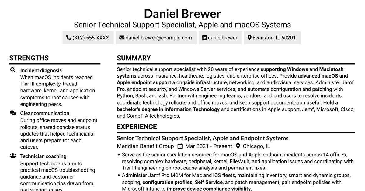 7 Senior Technical Support Specialist - Apple and macOS Systems Resume Templates with Example