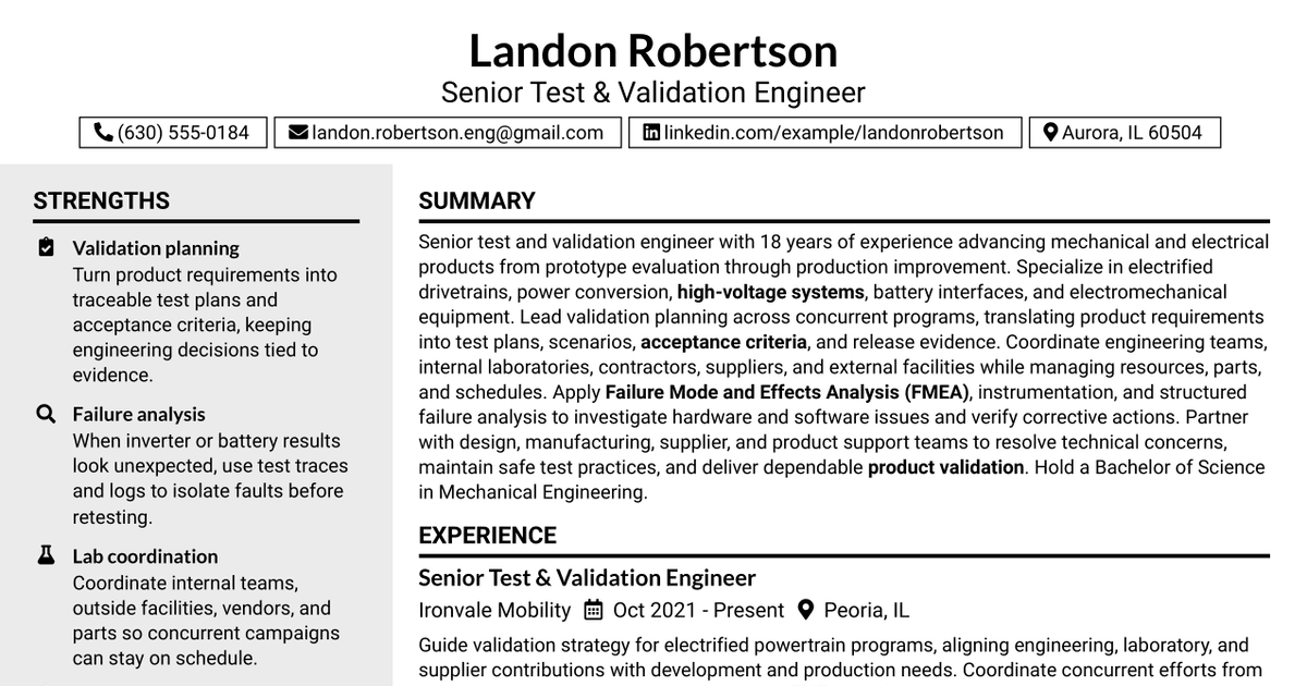 7 Senior Test & Validation Engineer - Electrification Resume Templates with Example