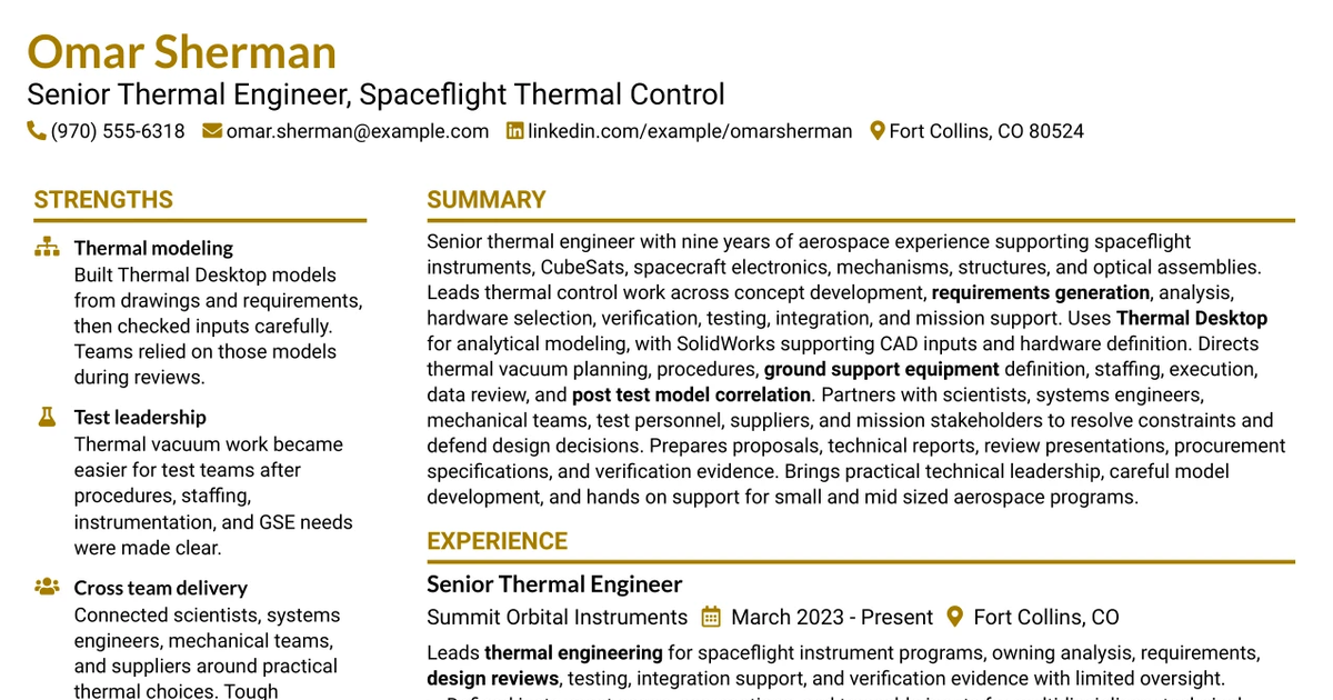 33 Senior Thermal Engineer - Spaceflight Thermal Control Resume Templates with Example 2026 (ATS-Optimized)