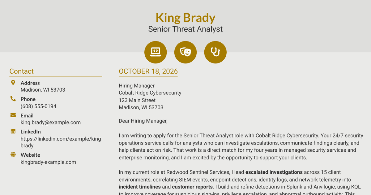 7 Senior Threat Analyst - Security Operations Cover Letter Templates with Example