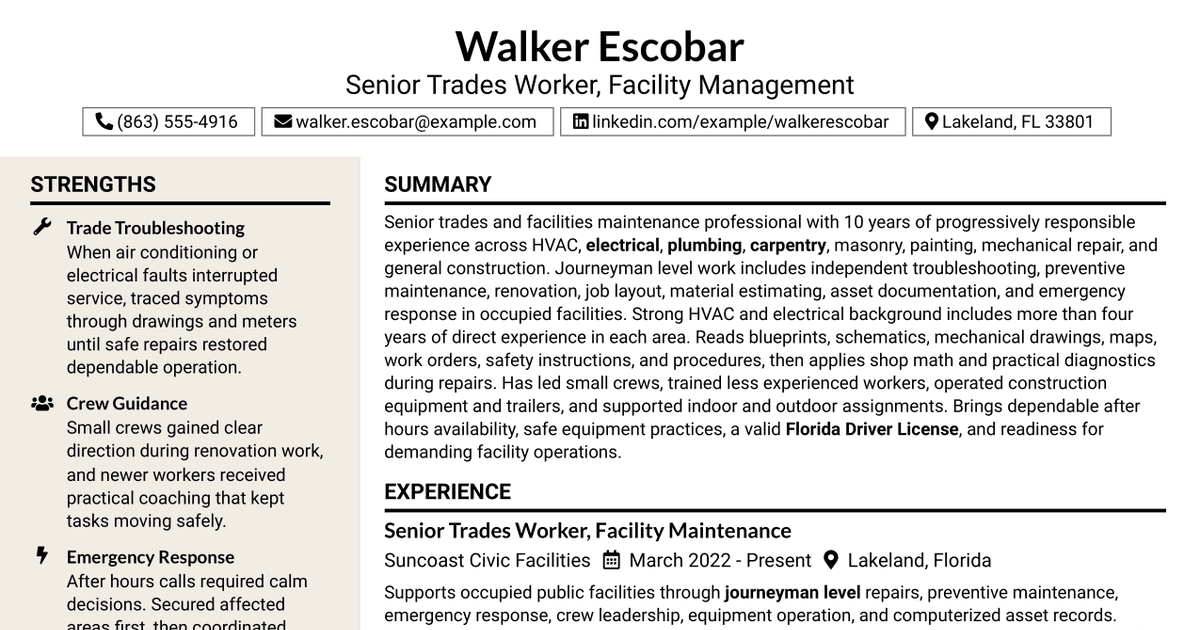7 Senior Trades Worker - Facility Management Resume Templates with Example