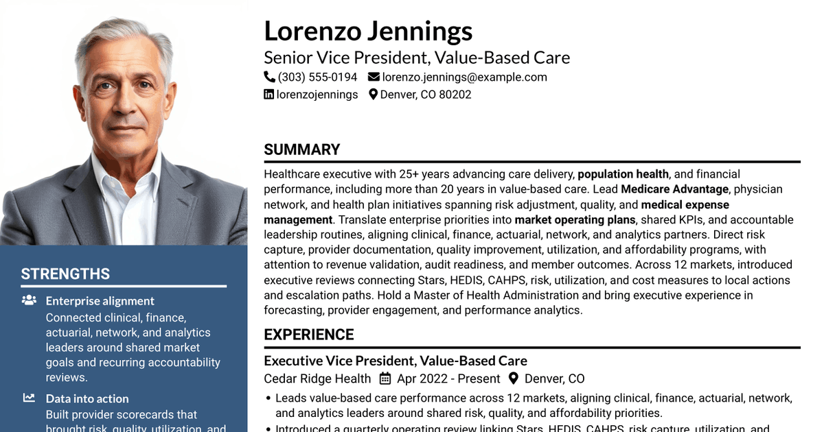 7 Senior Vice President, Value-Based Care - Population Health, Risk & Quality Resume Templates with Example