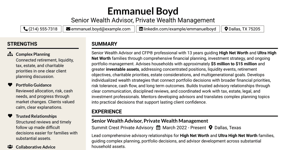 7 Senior Wealth Advisor Resume Templates with Example