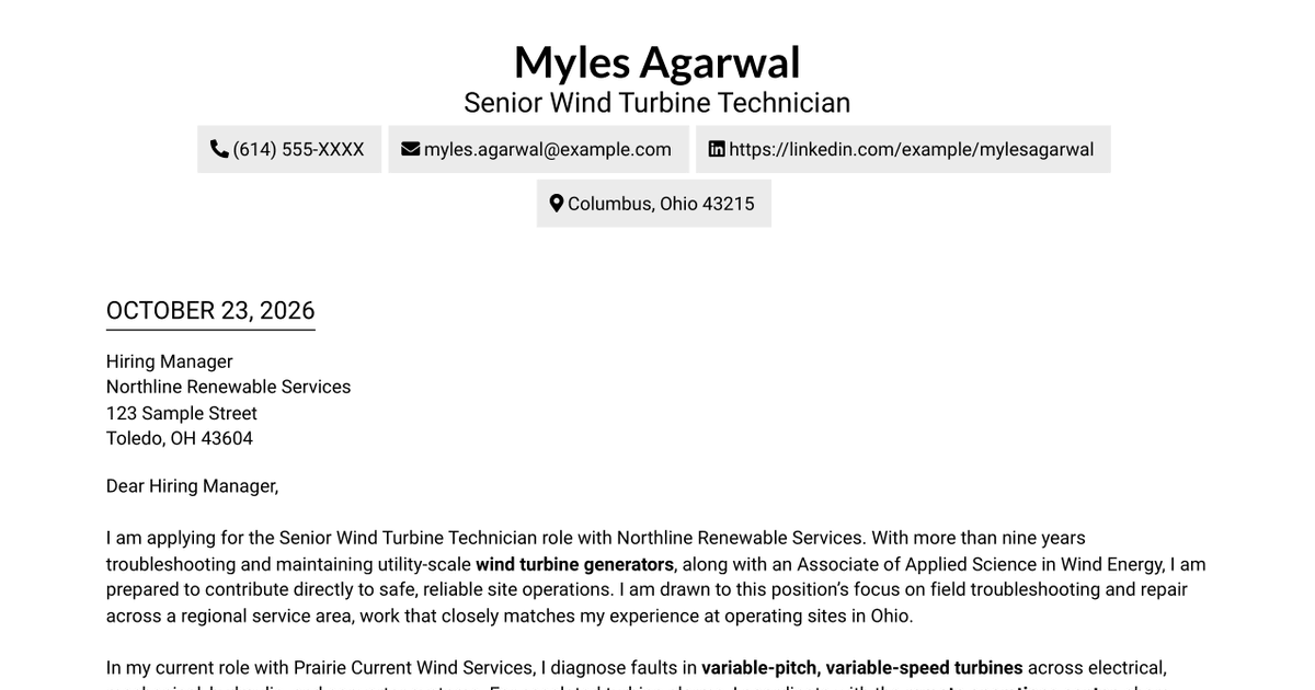 7 Senior Wind Turbine Technician - Troubleshooting and Repair Cover Letter Templates with Example