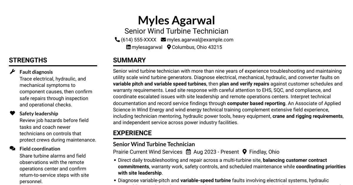 7 Senior Wind Turbine Technician - Troubleshooting and Repair Resume Templates with Example