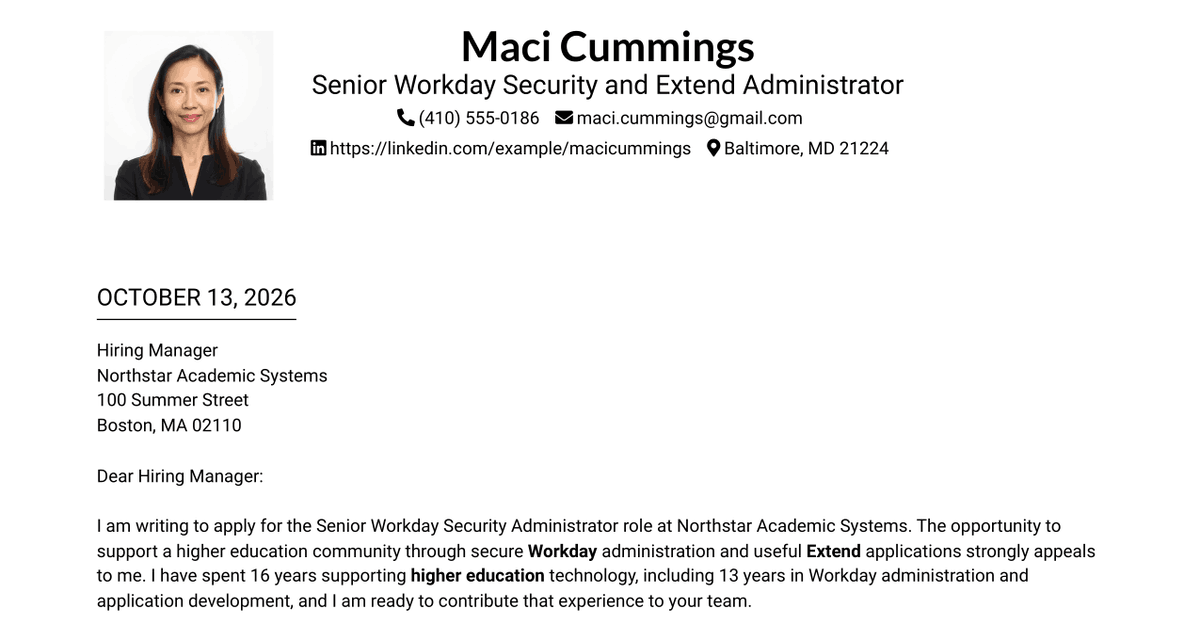 7 Senior Workday Security Administrator - Workday Extend Cover Letter Templates with Example