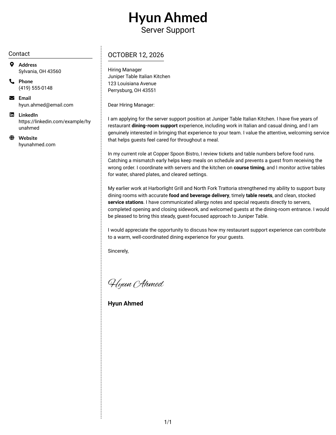 Cover Letter Example Page 1